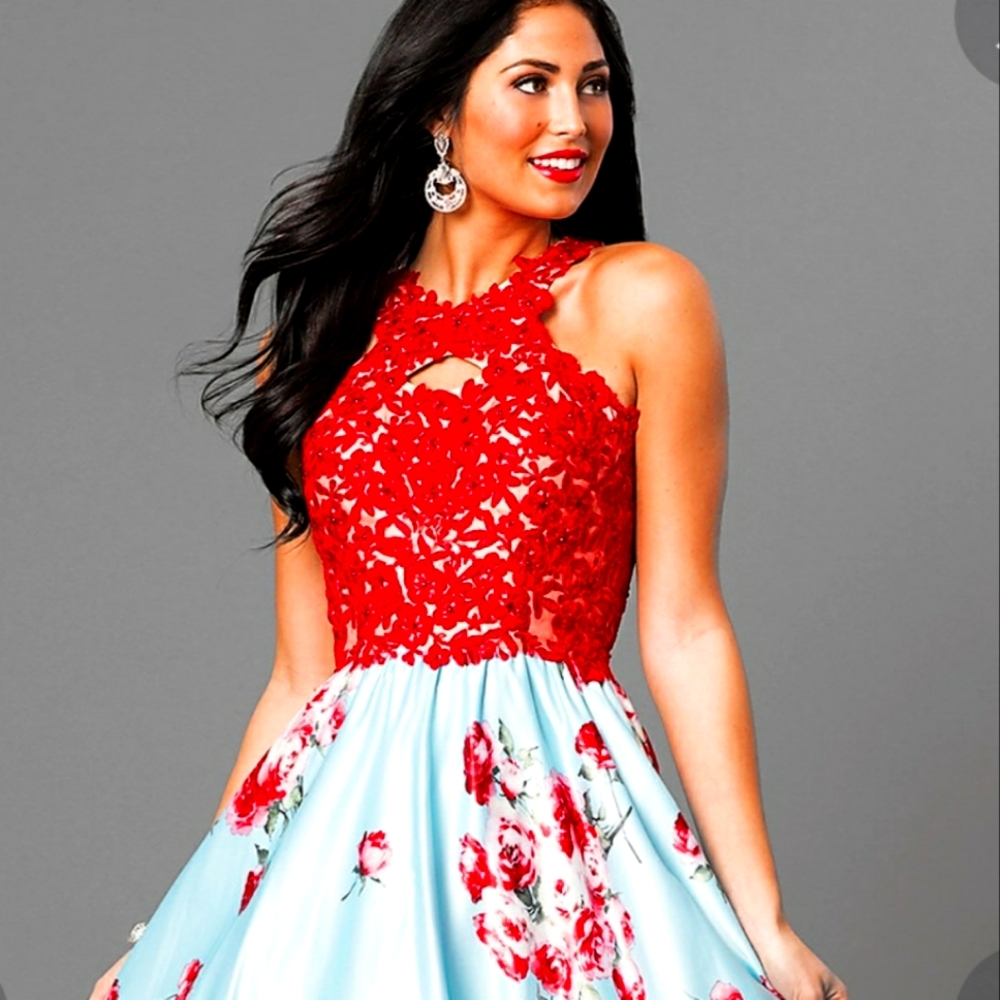 Terani Floral Print High-Low Prom Dress Lace Appliqe US size 6 New with tags
